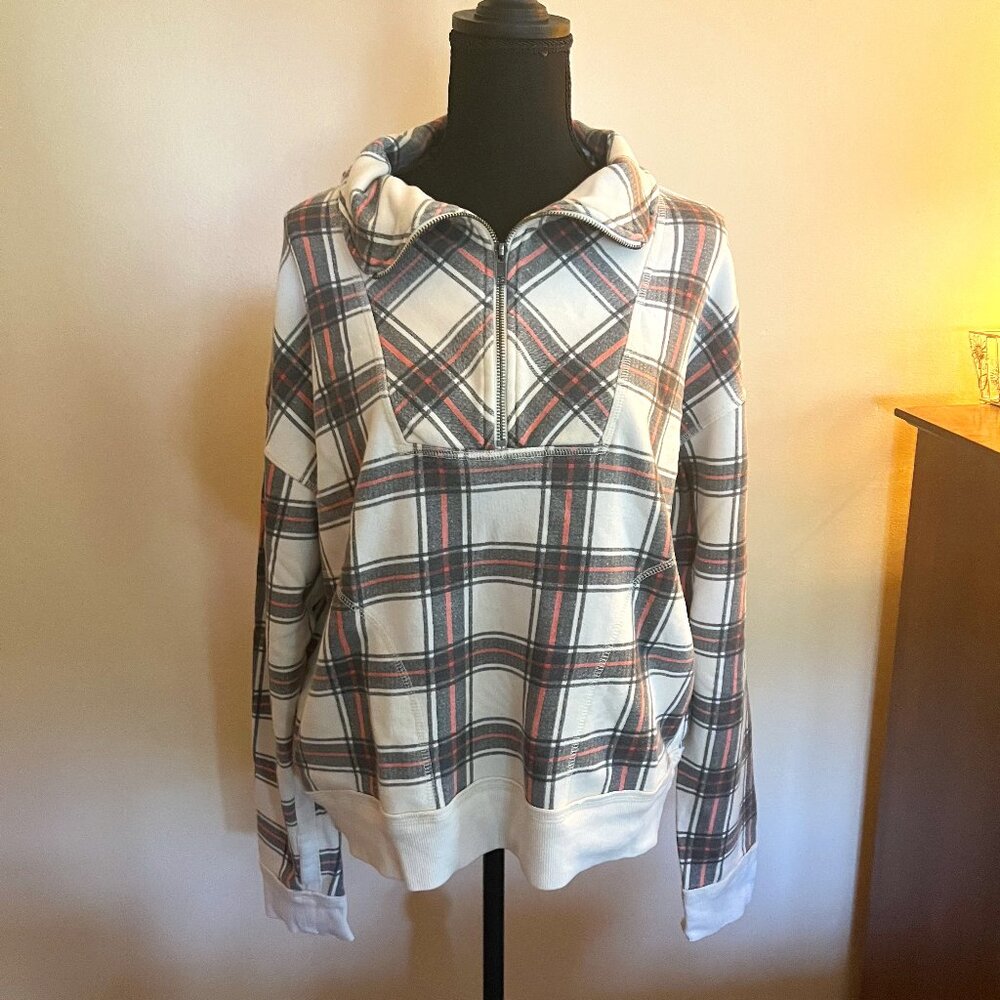 Free People Why Not Plaid Quarter Zip Ivory Pullover Sweatshirt